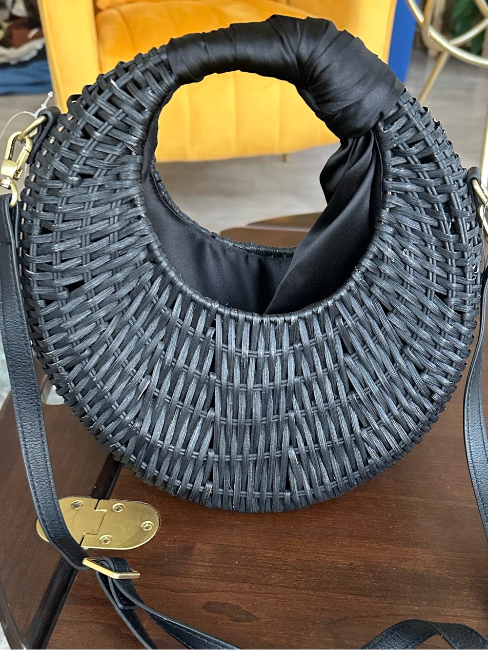 Black Woven Round Crossbody Bag